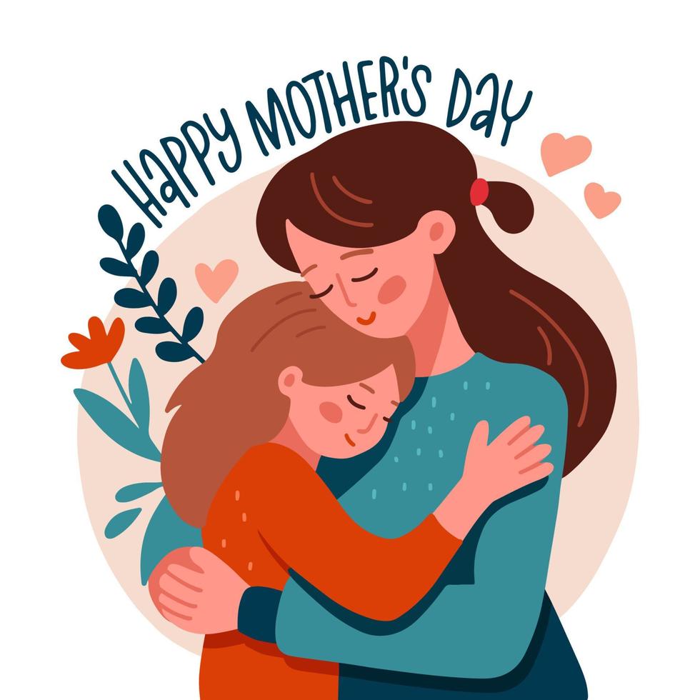 gelukkig moeder dag groet kaart. vlak hand- getrokken vector illustratie van moeder Holding meisje in haar armen Aan bloemen achtergrond.