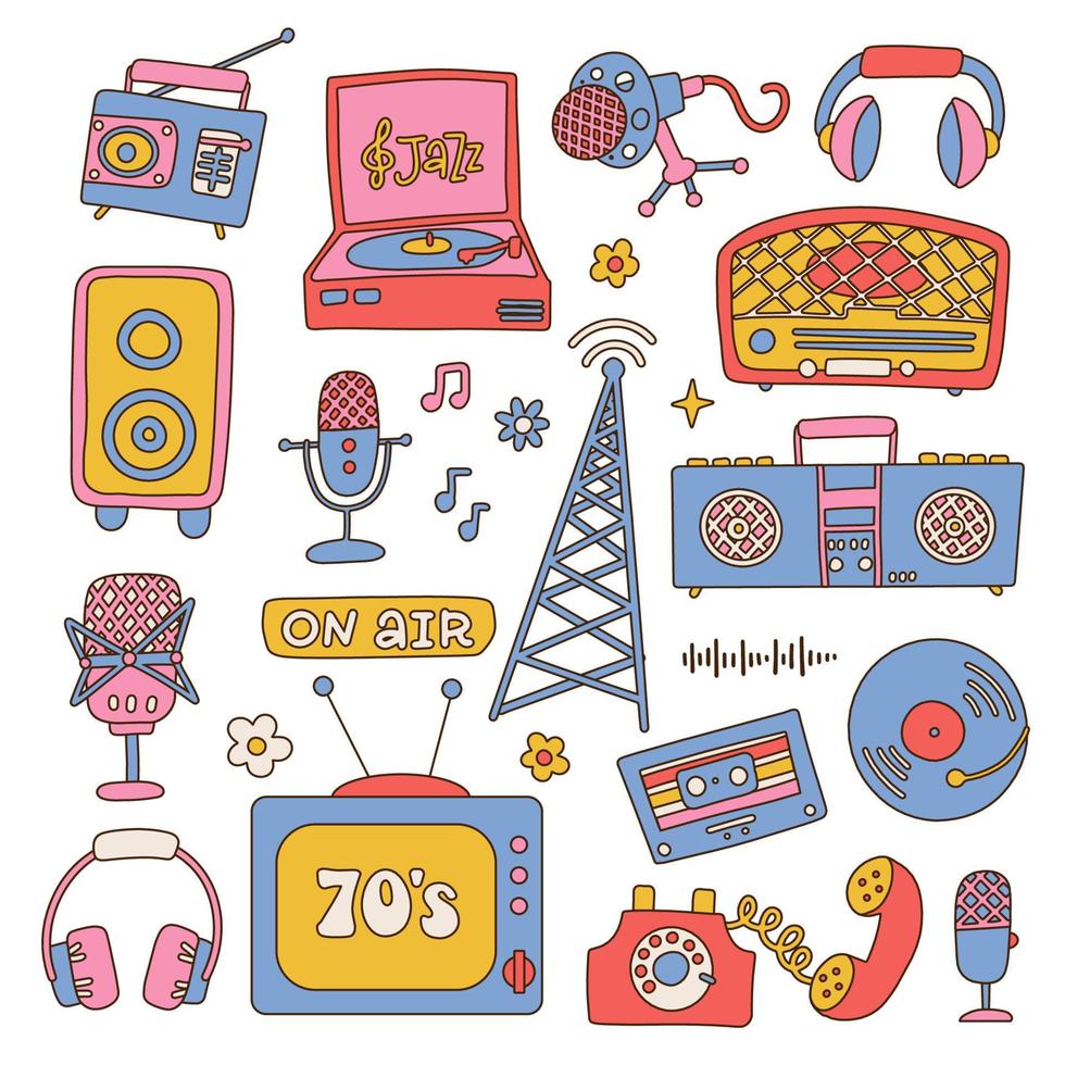 retro groovy stickers met wijnoogst elektronica in 80s stijl. wijnoogst verzameling van cassette, plakband recorder, telefoon, koptelefoon, microfoon, Vermelding speler, TV, antenne, spreker. vector illustratie.