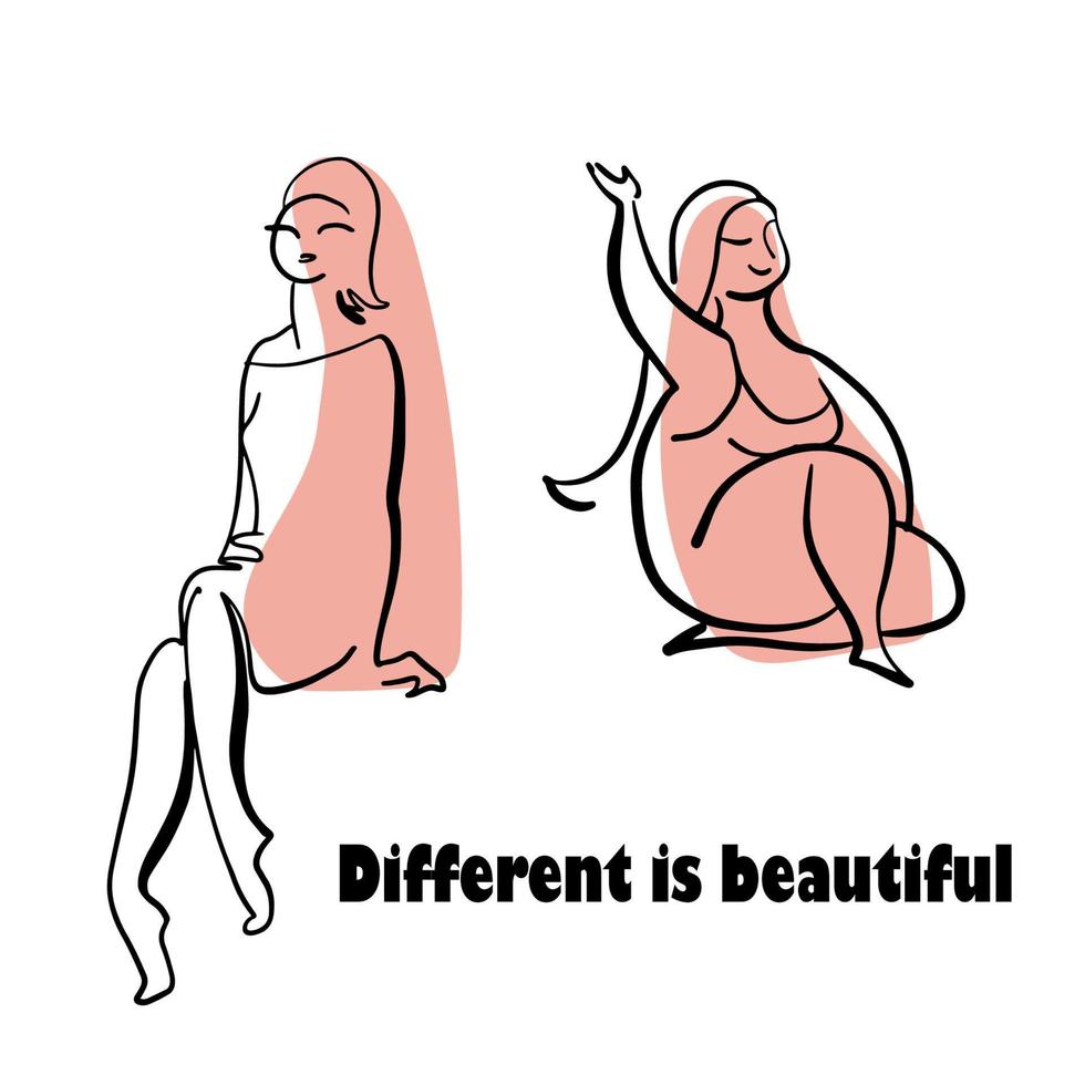 meisjes verschillend grootte een lijn illustratie. liefde de concept van uw lichaam. allemaal lichamen zijn mooi. liefde uw lichaam belettering vector