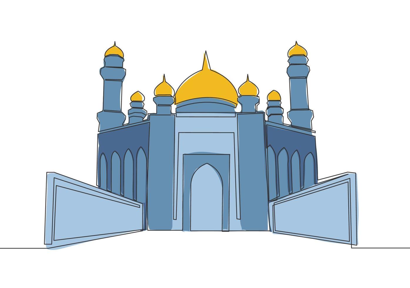 een single lijn tekening van Islamitisch historisch koepel mijlpaal masjid of moskee. heilig plaats naar gebed voor Islam mensen concept doorlopend lijn trek ontwerp vector illustratie