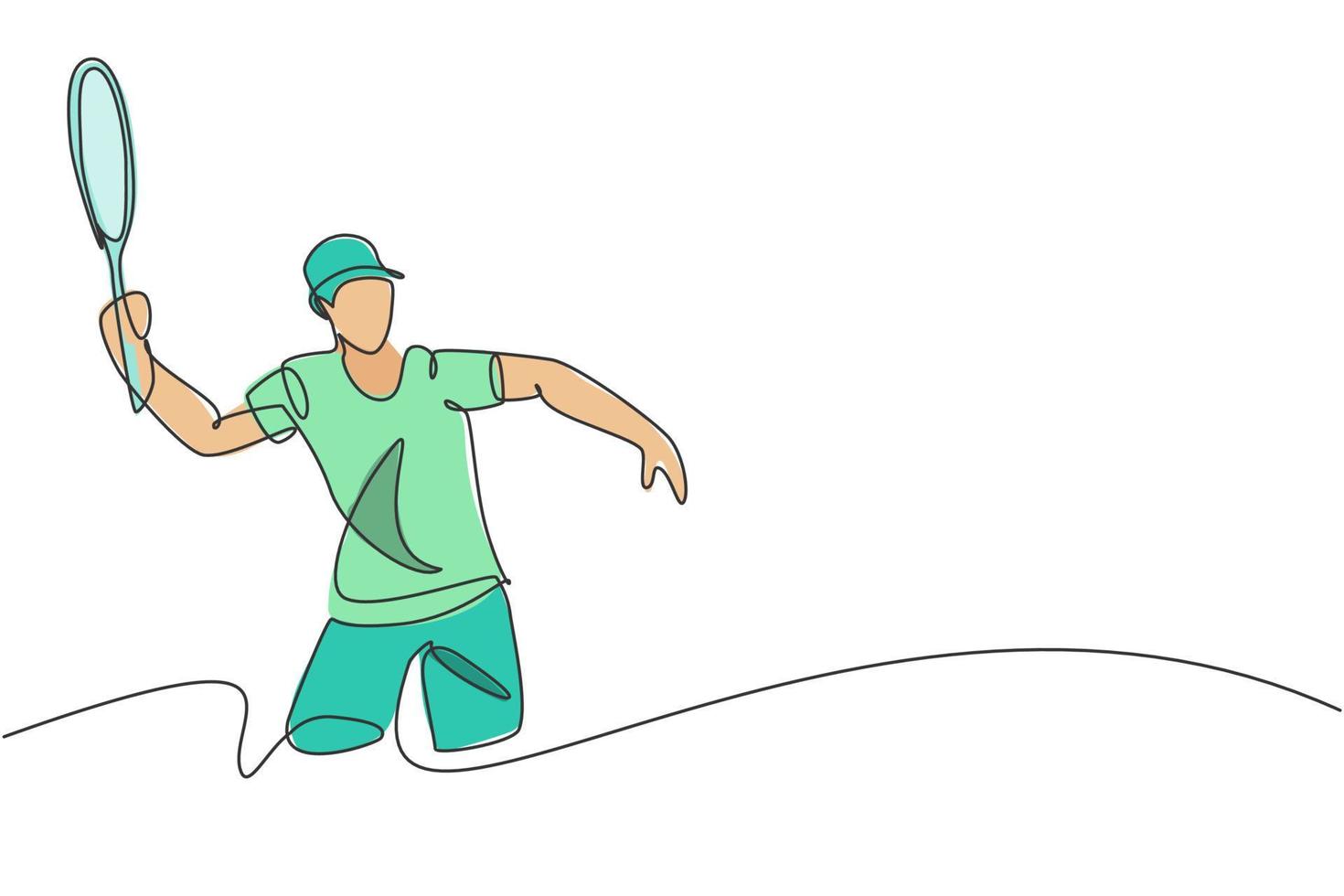 een enkele lijntekening van jonge energieke mannelijke tennisser sloeg de bal van tegenstander vectorillustratie. sporttrainingsconcept. modern ononderbroken lijntekeningontwerp voor tennistoernooibanner vector