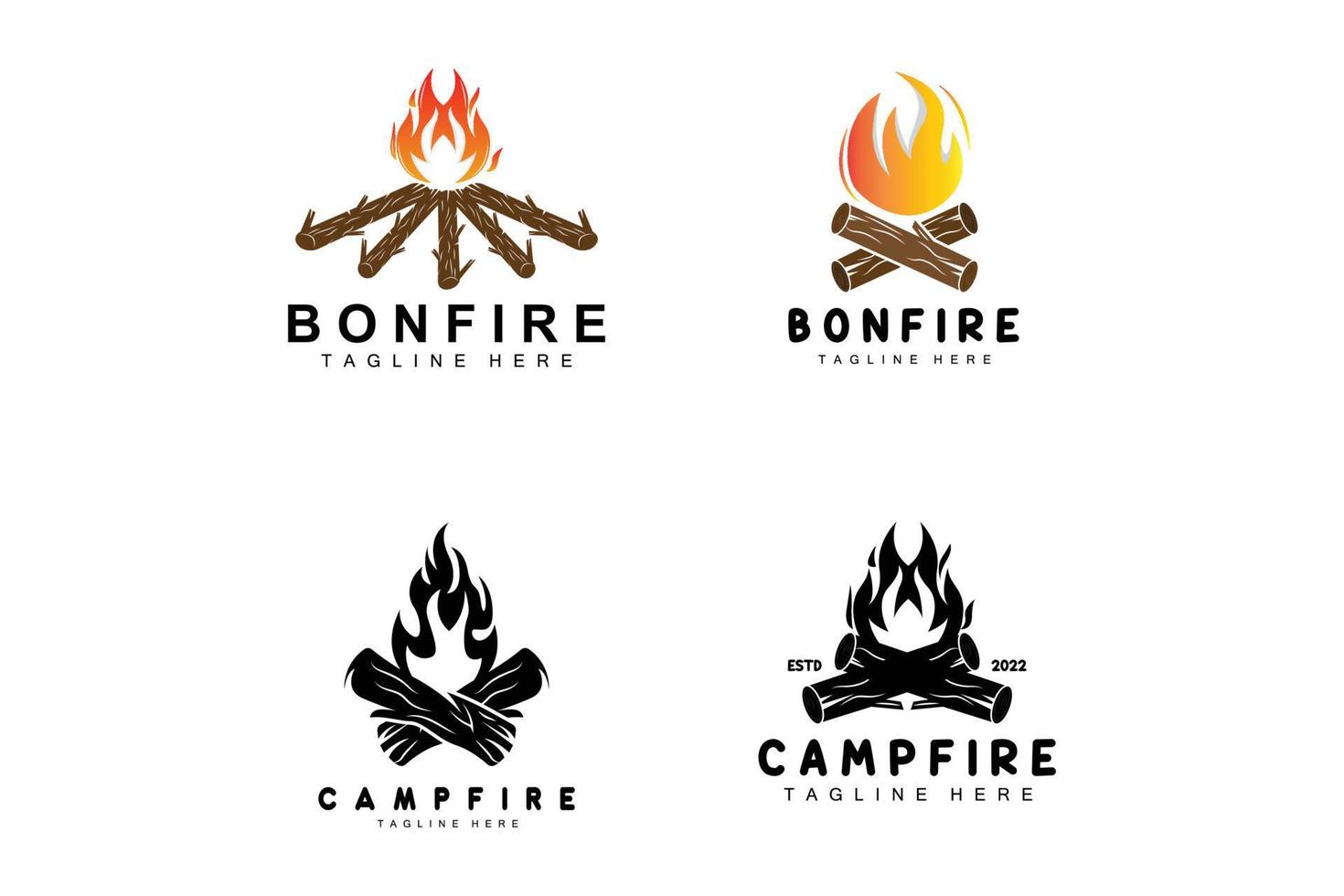 kampvuur logo ontwerp, camping vector, hout brand en Woud ontwerp vector