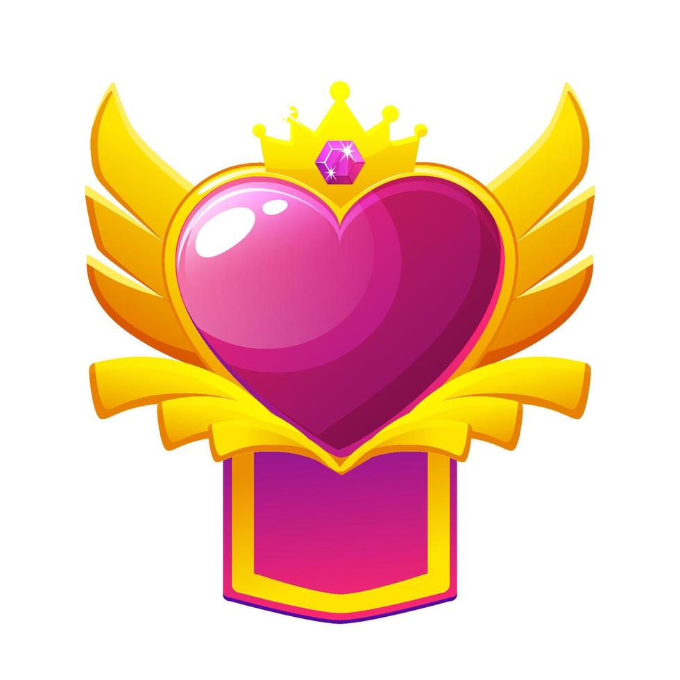 spel badges paars hart met Vleugels en kroon, vector spel app insigne icoon