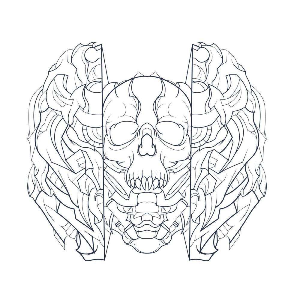 vector hand getekende illustratie van donkere mecha schedel