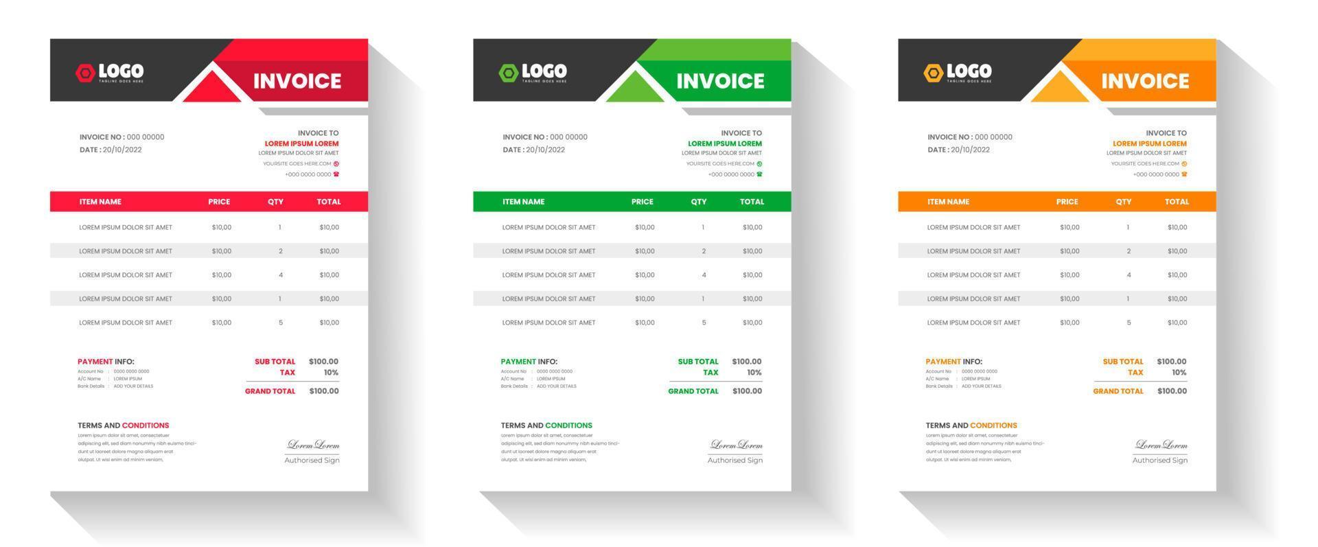 zakelijke moderne minimale zakelijke factuur formuliersjabloon. factureringsoffertes, geldrekening, belastingformulier, betalingsbewijs, prijsfacturen en ontwerpsjabloonset voor betalingsovereenkomsten. vector