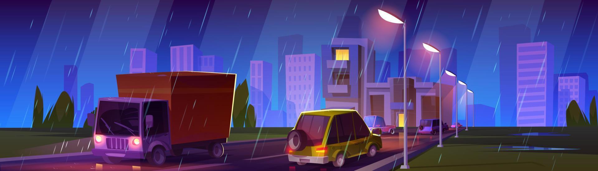 nacht stad verkeer in regenachtig weer vector