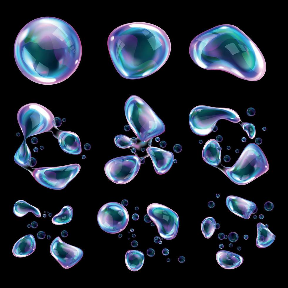 barsten zeep regenboog bubbels met reflecties vector
