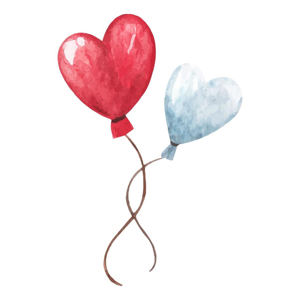 waterverf hart vormig ballonnen. hand- getrokken rood en blauw ballon met touw voor groet kaart, afdrukken, sticker, poster. vector