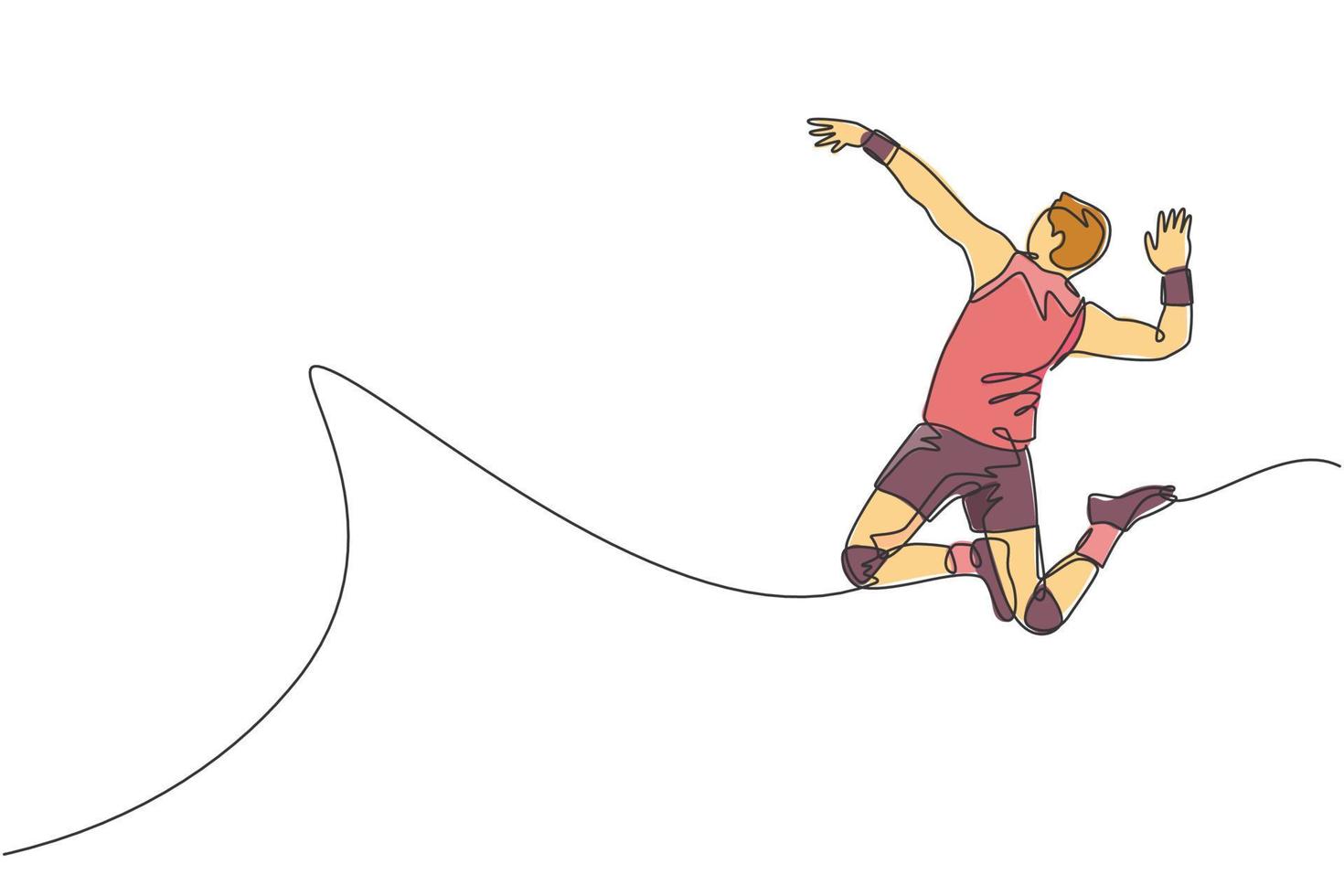 een single lijn tekening van jong mannetje professioneel volleybal speler oefenen jumping piek Aan rechtbank vector illustratie. team sport concept. toernooi evenement. modern doorlopend lijn trek ontwerp