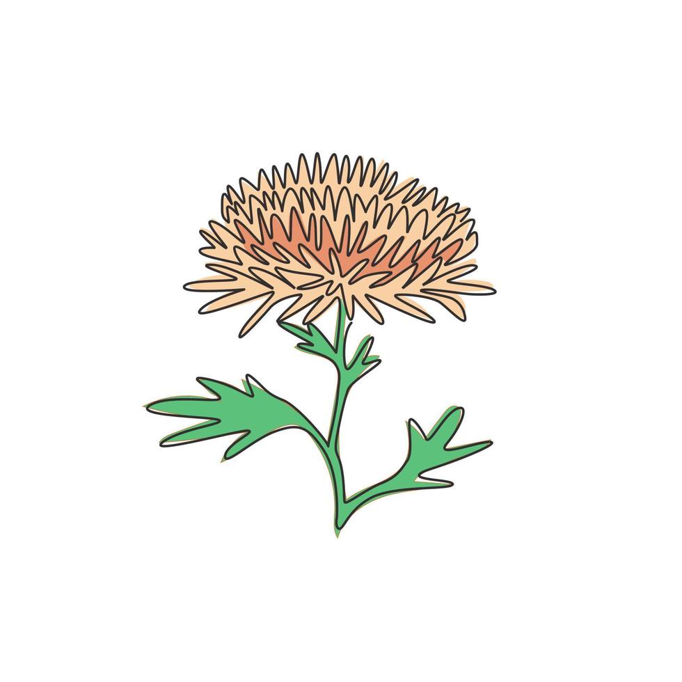 enkele doorlopende lijntekening schoonheid verse chrysant voor tuinlogo. afdrukbare decoratieve chrysant bloem concept voor thuis muur decor art poster print. één lijn tekenen ontwerp vectorillustratie vector