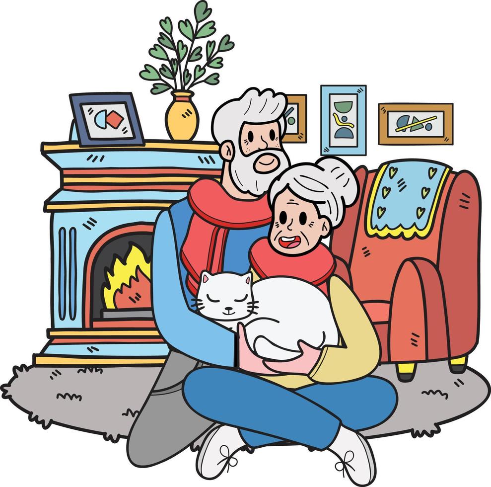 hand- getrokken ouderen Holding een kat illustratie in tekening stijl vector