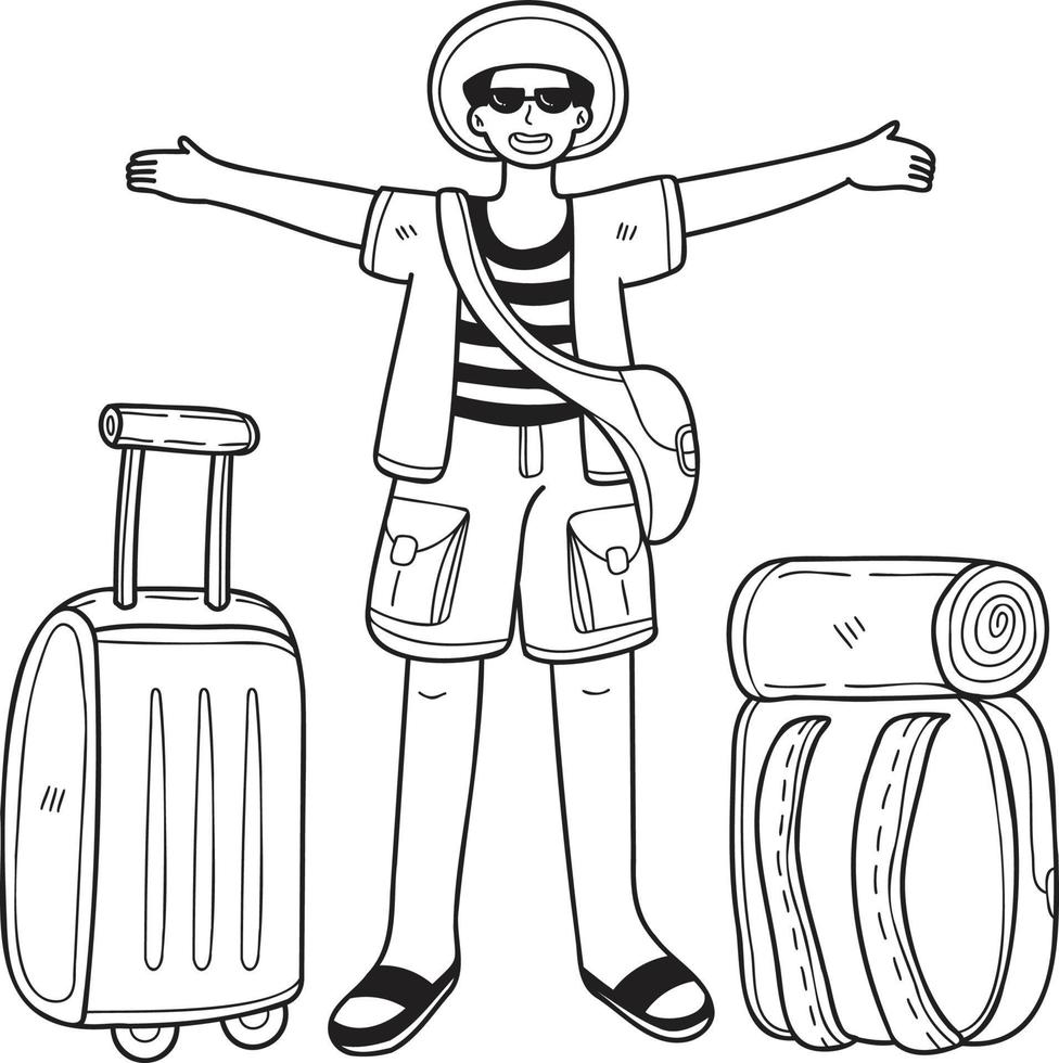 hand- getrokken mannetje toerist met reizen zak illustratie in tekening stijl vector