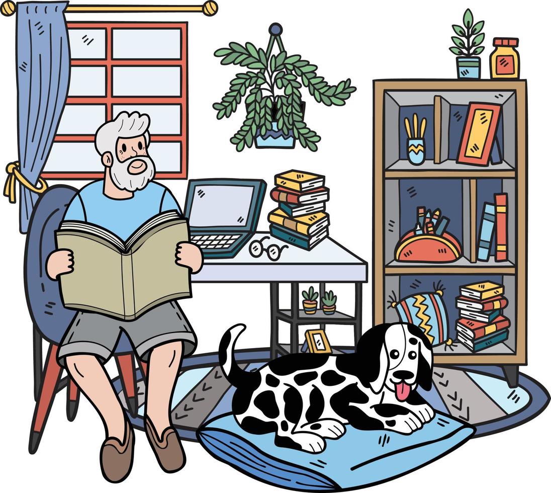 hand- getrokken ouderen lezing een boek met een hond illustratie in tekening stijl vector