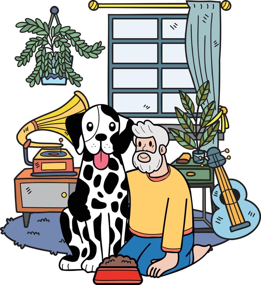 hand- getrokken ouderen voeden de hond illustratie in tekening stijl vector