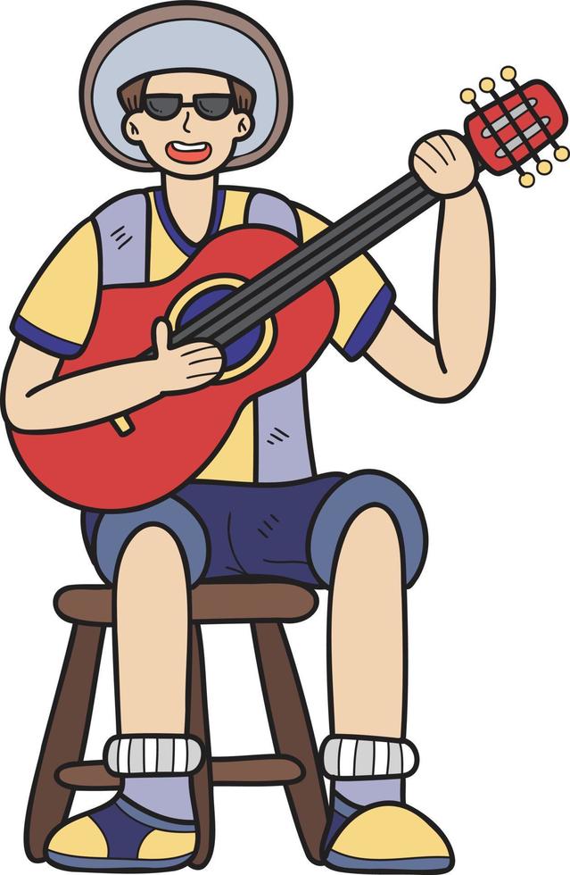 hand- getrokken toeristen spelen gitaar illustratie in tekening stijl vector