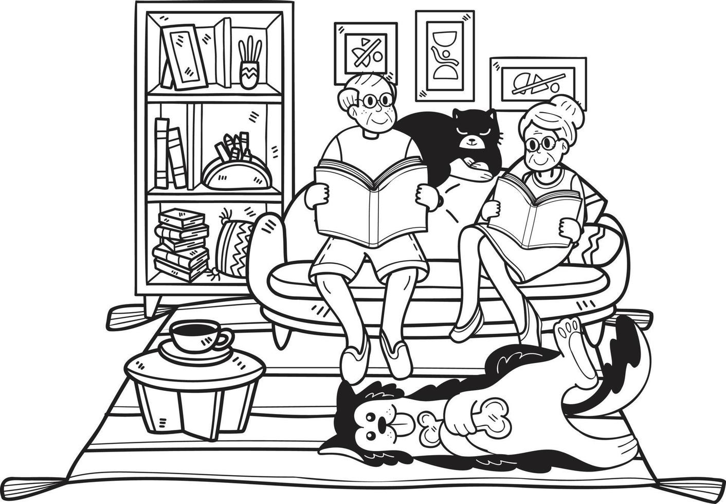 hand- getrokken ouderen lezing boeken met honden en katten illustratie in tekening stijl vector