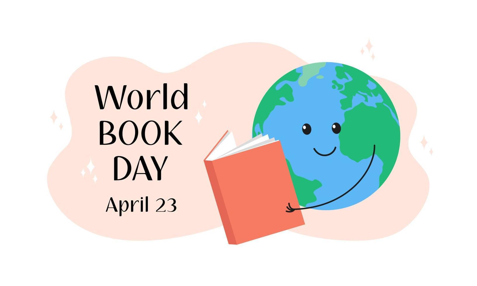 wereld boek dag. april 23 viering. schattig tekenfilm aarde planeet Holding en lezing Open boek. vector vlak illustratie. vakantie poster, banier