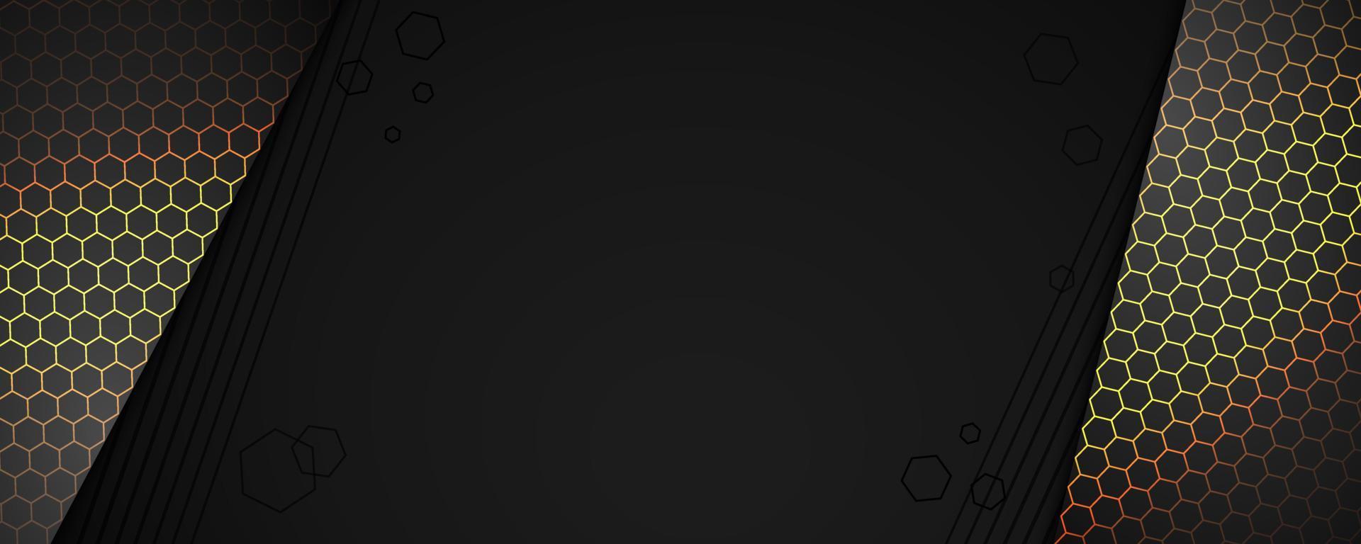 abstract donker spandoek. glimmend zwart achtergrond met gloeiend zeshoek vormen patronen. vector meetkundig backdrop