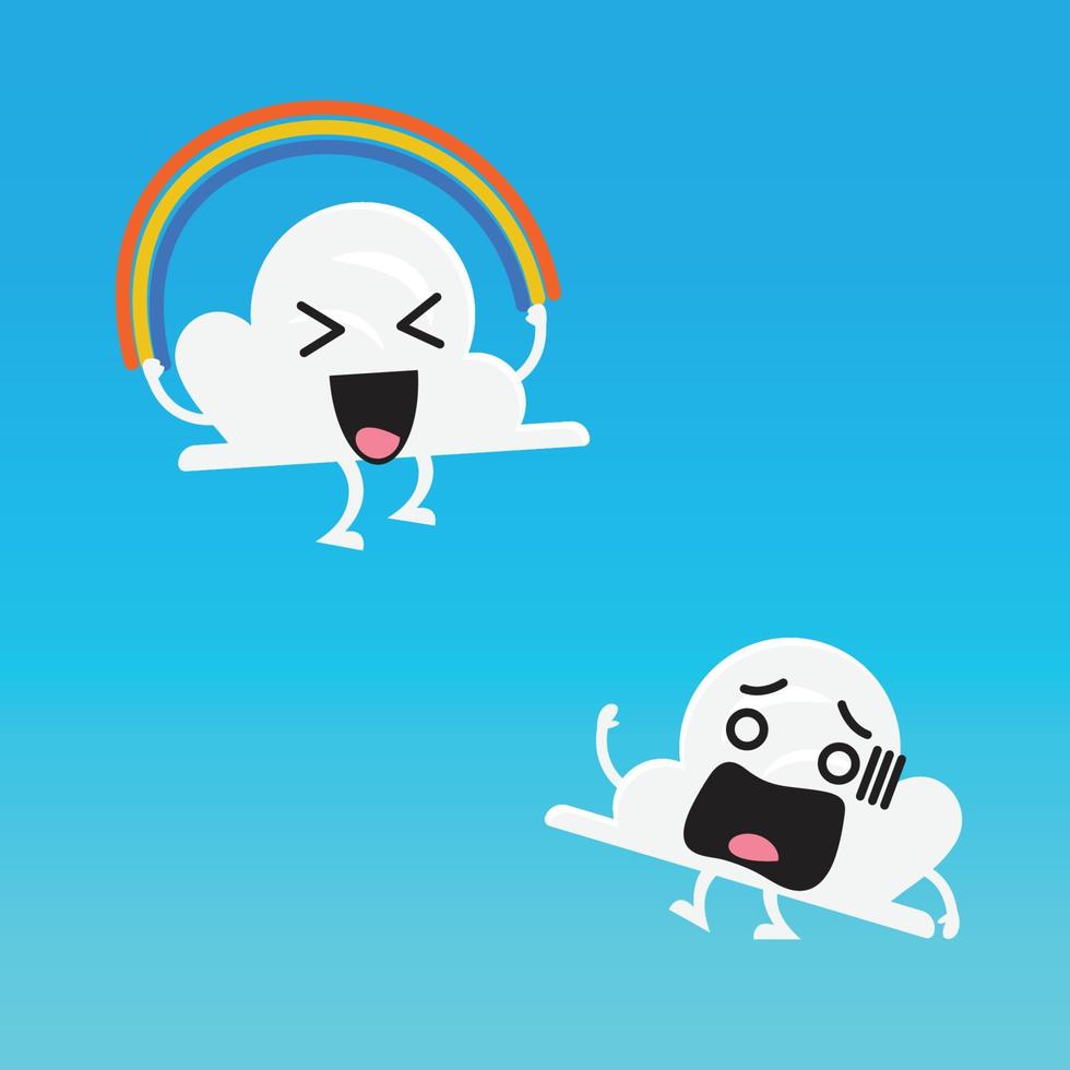 wolk karakter en vriend jumping regenboog touw vector