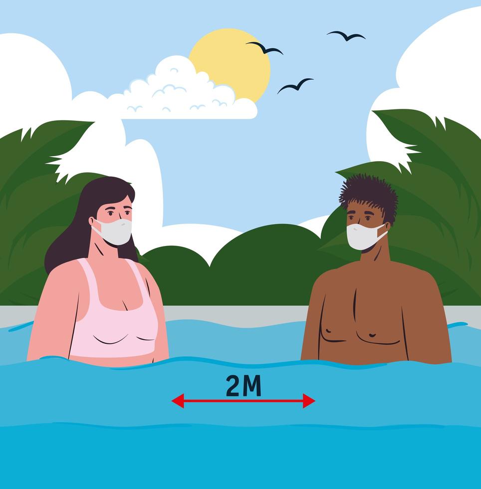 interraciaal paar in zwemkleding, sociale afstand nemen en gezichtsmaskers dragen op het strand vector