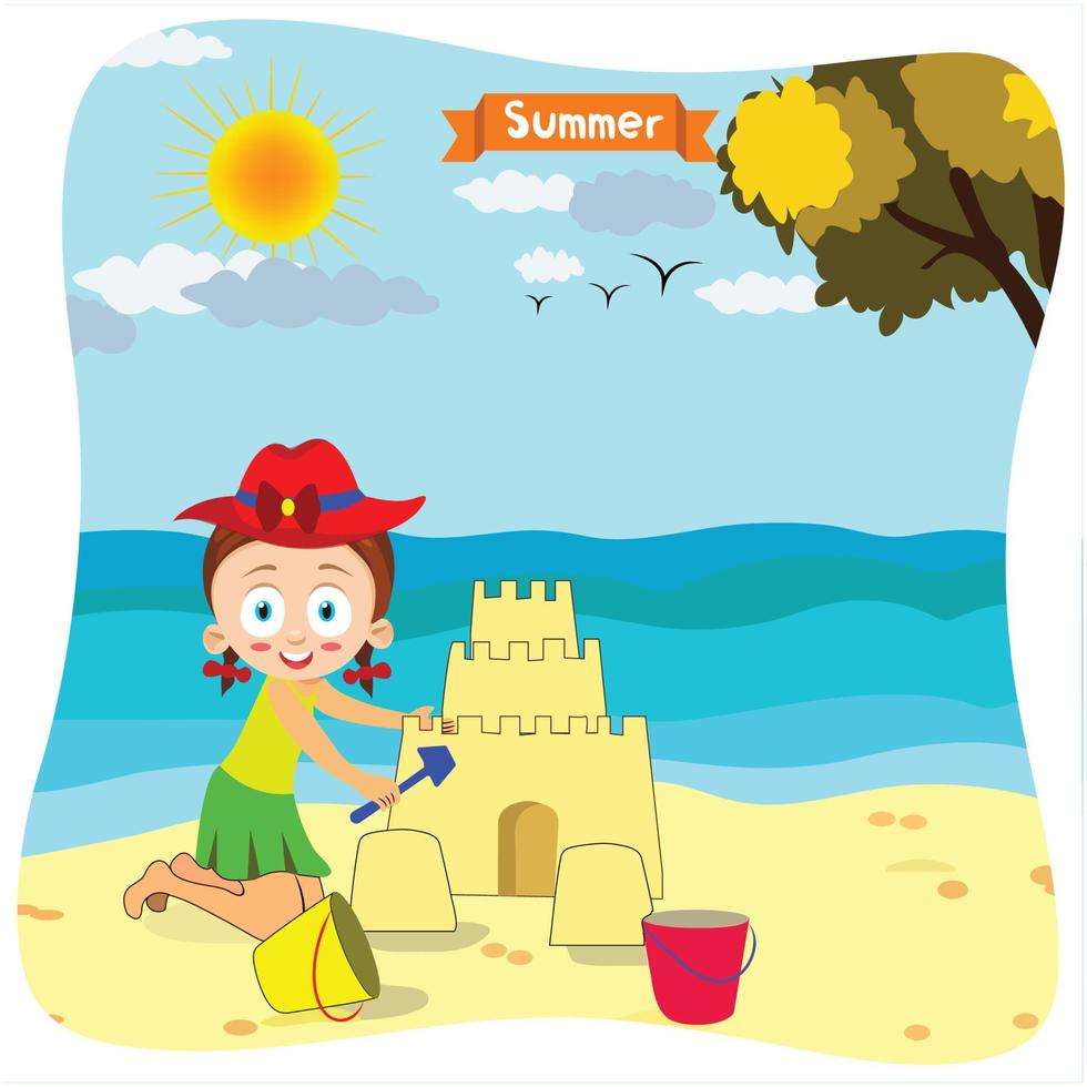 gelukkig schattig meisjes spelen in de zee strand gedurende de zomer vector illustratie