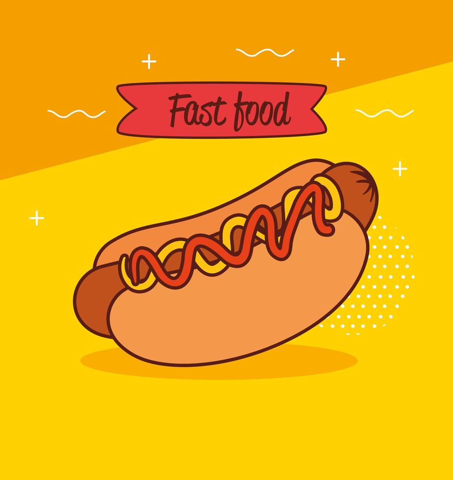 fast food, heerlijke hotdog op gele achtergrond vector