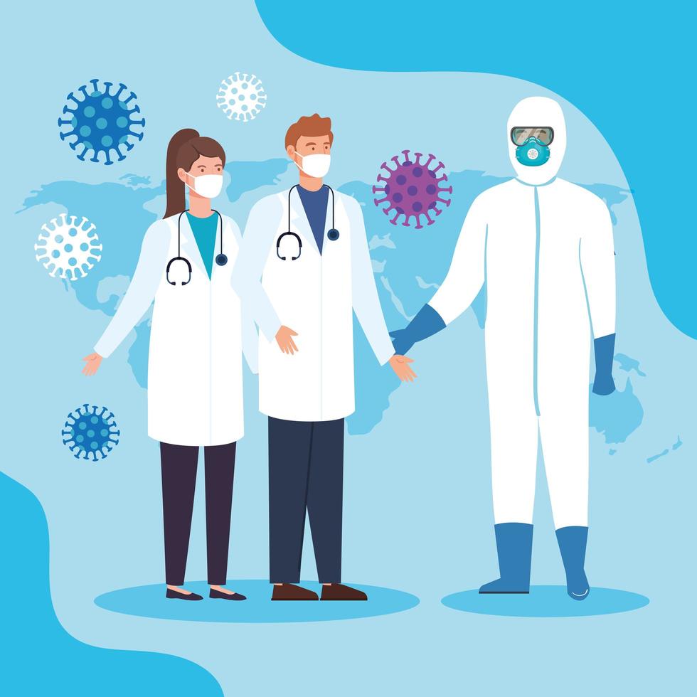 gezondheidsprofessional in een hazmat-pak en artsen over coronavirus-pandemie vector