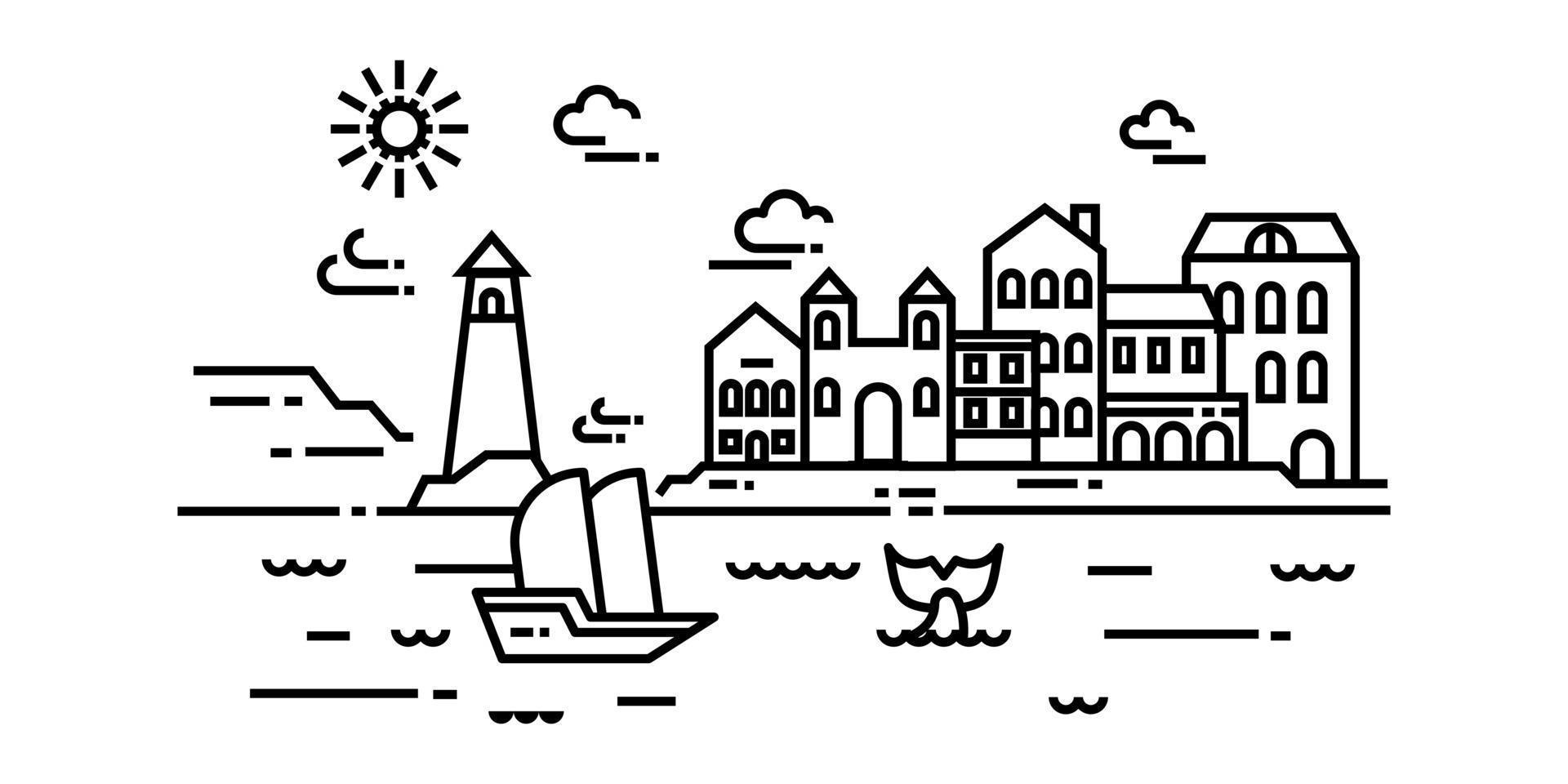 landschap in moderne platte lijn vector. dun lijnlandschap met berg, oceaan, gebouw, wolken, zon, boot, walvis. vector illustratie.