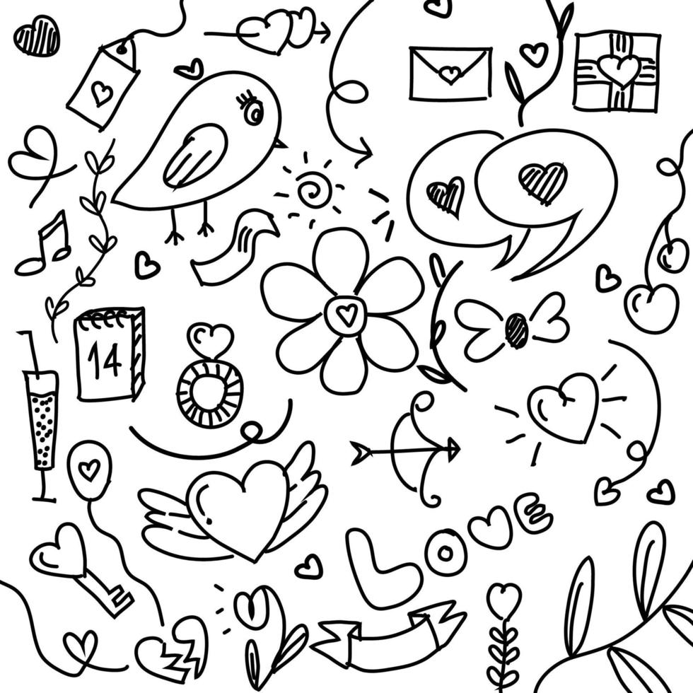 set hand getrokken elementen doodle zwarte lijnen Valentijnsdag, bruiloft, liefde en romantische evenementen harten geïsoleerd op een witte achtergrond. vector