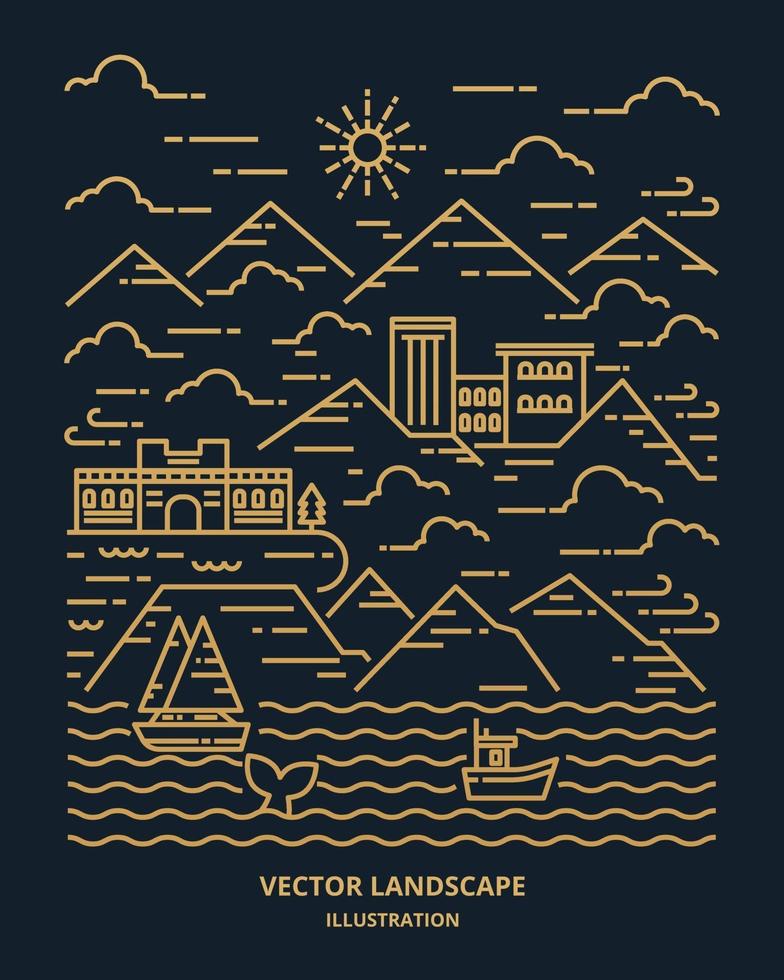 landschap in moderne platte lijn vector. dun lijnlandschap met berg, oceaan, gebouw, wolken, zon, boot, walvis. vector illustratie.