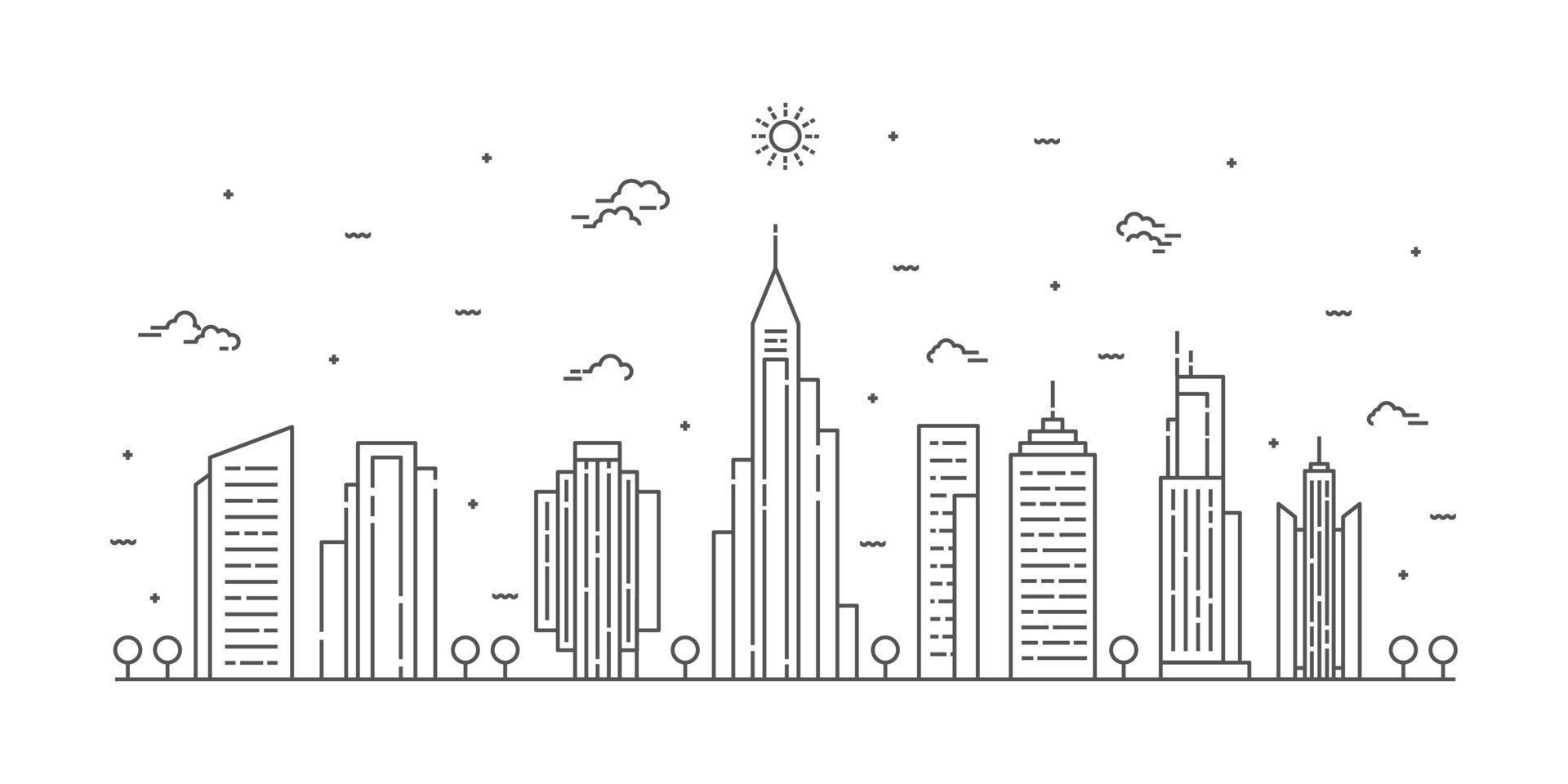 stad landschap lijntekeningen vector. dunne lijn stadsgezicht met gebouw, wolken, zon. vector illustratie.