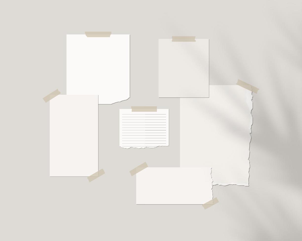 Moodboard mockup-sjabloon. lege vellen wit papier aan de muur met schaduw overlay. mockup vector geïsoleerd. sjabloon ontwerp. realistische vectorillustratie.