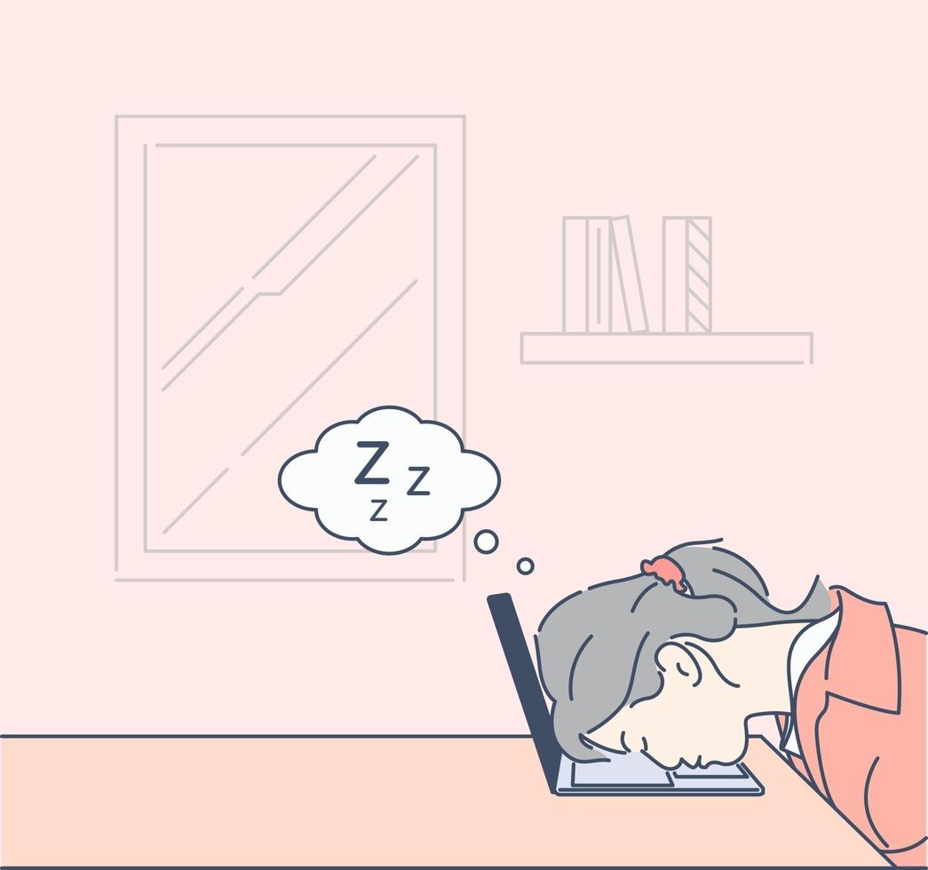 jong vrouw slapen Aan laptop, hand- getrokken stijl vector ontwerp illustratie