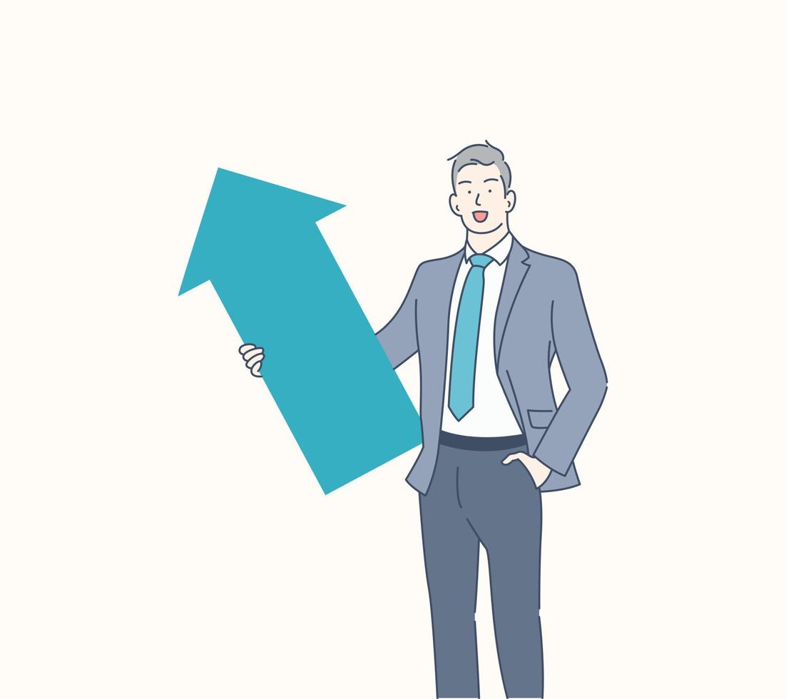 zakenman Holding groen teken van pijl, hand- getrokken stijl vector ontwerp illustratie