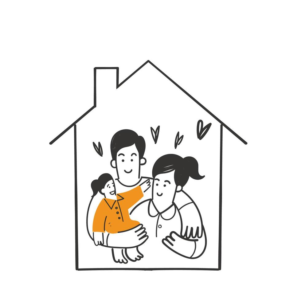 hand- getrokken tekening gelukkig familie Bij huis illustratie vector