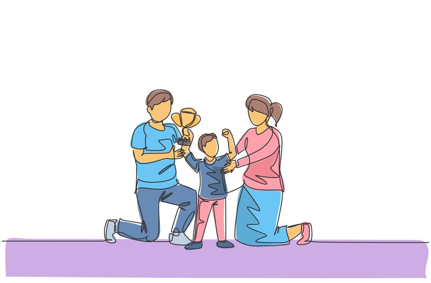 een doorlopende lijntekening van een kleine jongen viert de overwinning van de trofee met zijn moeder en vader na de overwinning. gelukkig familie ouderschap concept. dynamische enkele lijn tekenen ontwerp vectorillustratie vector