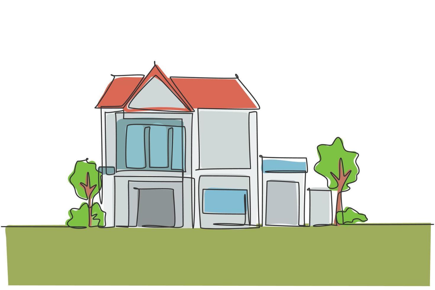 enkele lijntekening van groen vers bescheiden huis op het platteland. huis eco bouw geïsoleerde doodle minimaal concept. trendy ononderbroken lijntekening ontwerp grafische vectorillustratie vector