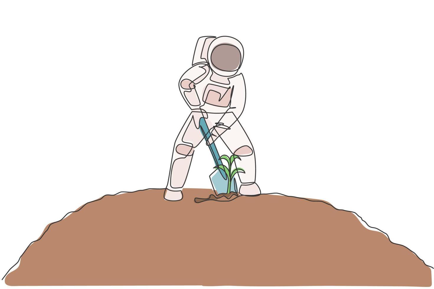 enkele doorlopende lijntekening van kosmonaut die grond opgraaft met behulp van een metalen schop in het maanoppervlak. melkweg astronaut landbouw leven concept. trendy één lijn tekenen ontwerp grafische vectorillustratie vector