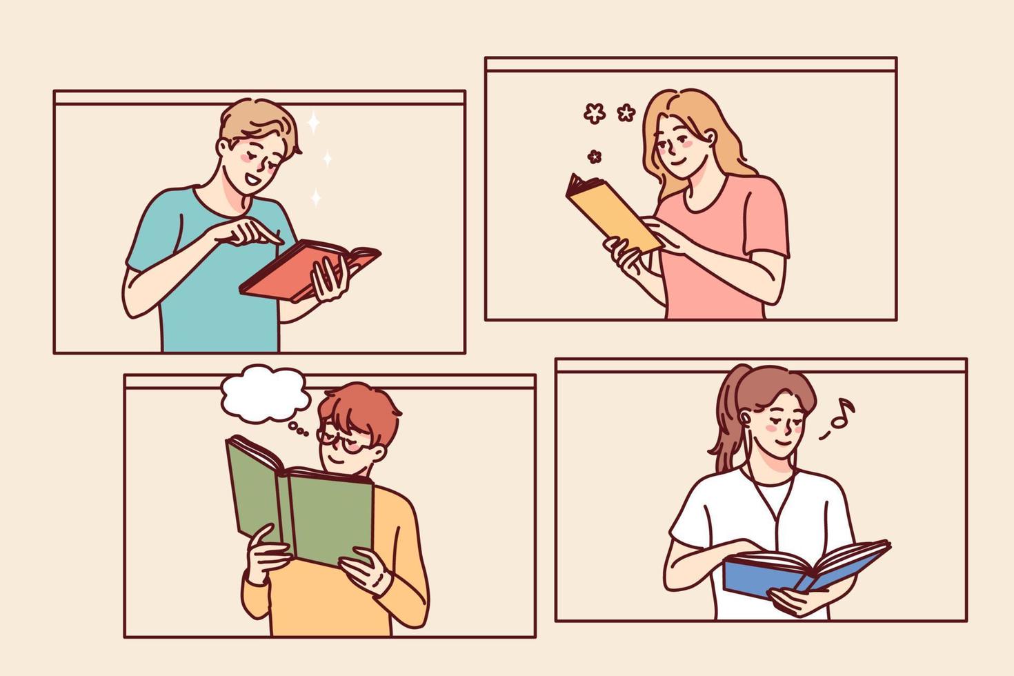 gelukkig mensen lezing boeken. glimlachen mannen en Dames genieten literatuur. onderwijs en kennis. vector illustratie.