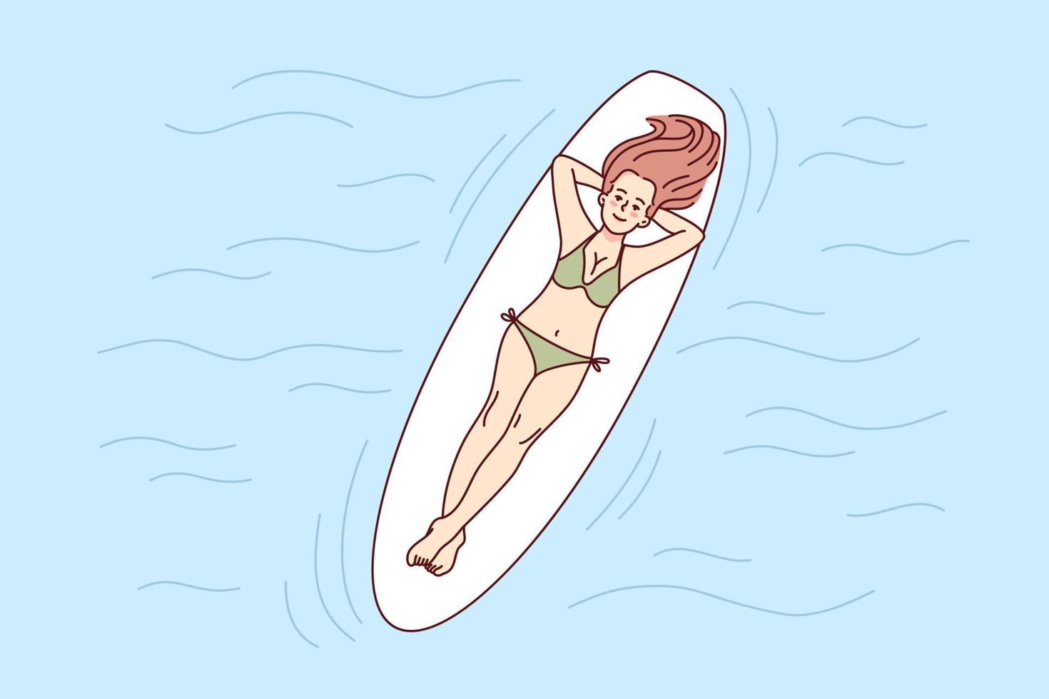 gelukkig vrouw aan het liegen Aan bord zwemmen in zee Aan zomer vakanties. glimlachen meisje genieten zomertijd in zwemmen zwembad. recreatie concept. vector illustratie.