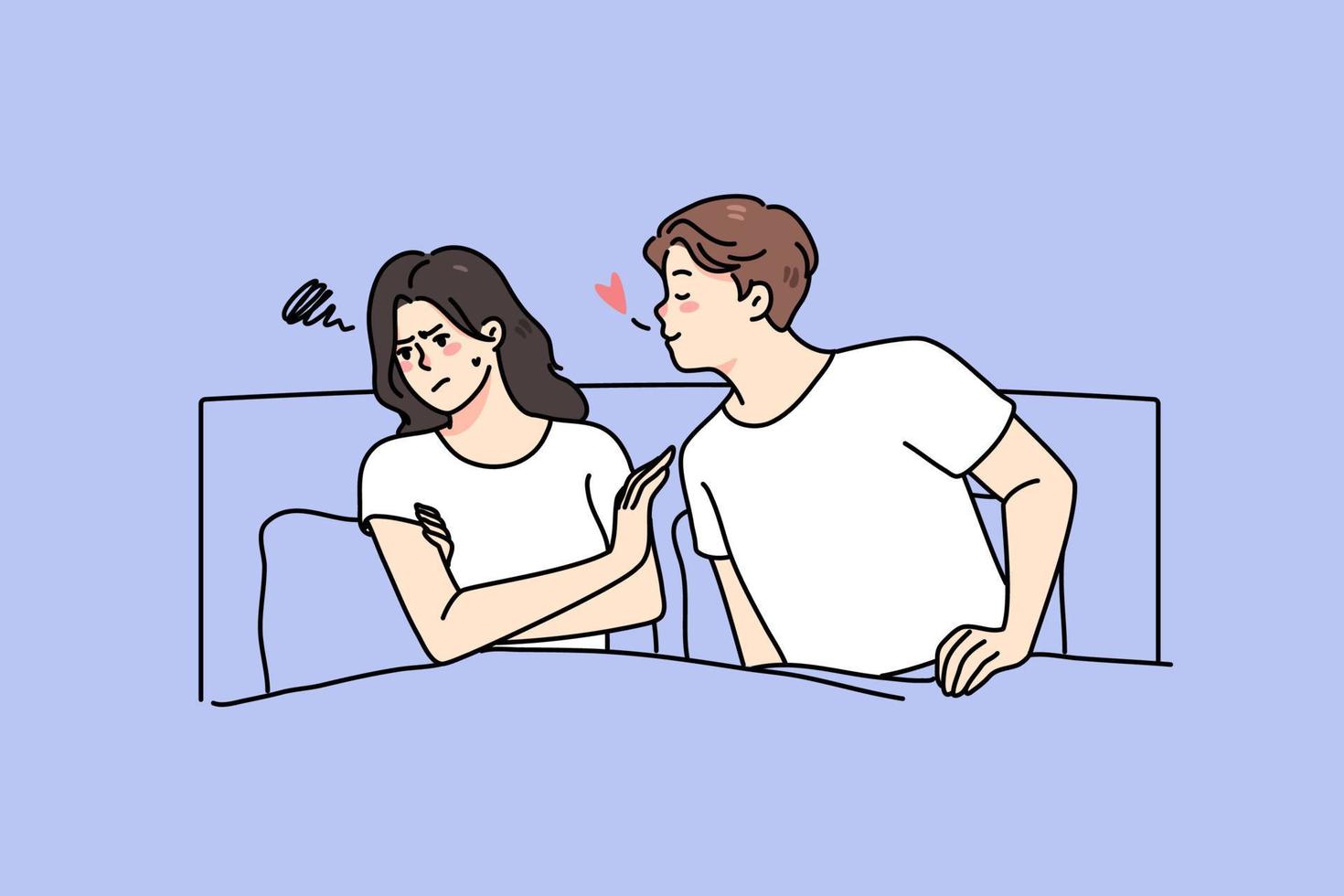 liefhebbend Mens aan het liegen in bed met onwetend vrouw tonen genegenheid en zorg. jong paar relaties probleem concept. man en vrouw hebben relaties problemen. Uitmaken of scheiding. vector illustratie.