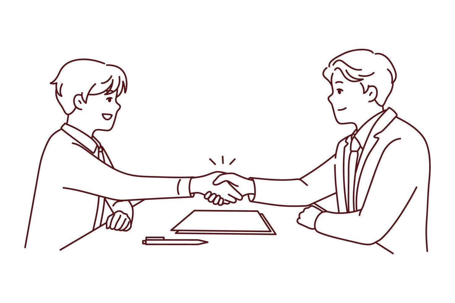 glimlachen zakenlieden zitten Bij bureau beven handen sluitend overeenkomst. gelukkig mannetje partners handdruk maken overeenkomst Bij kantoor ontmoeting. vector illustratie.