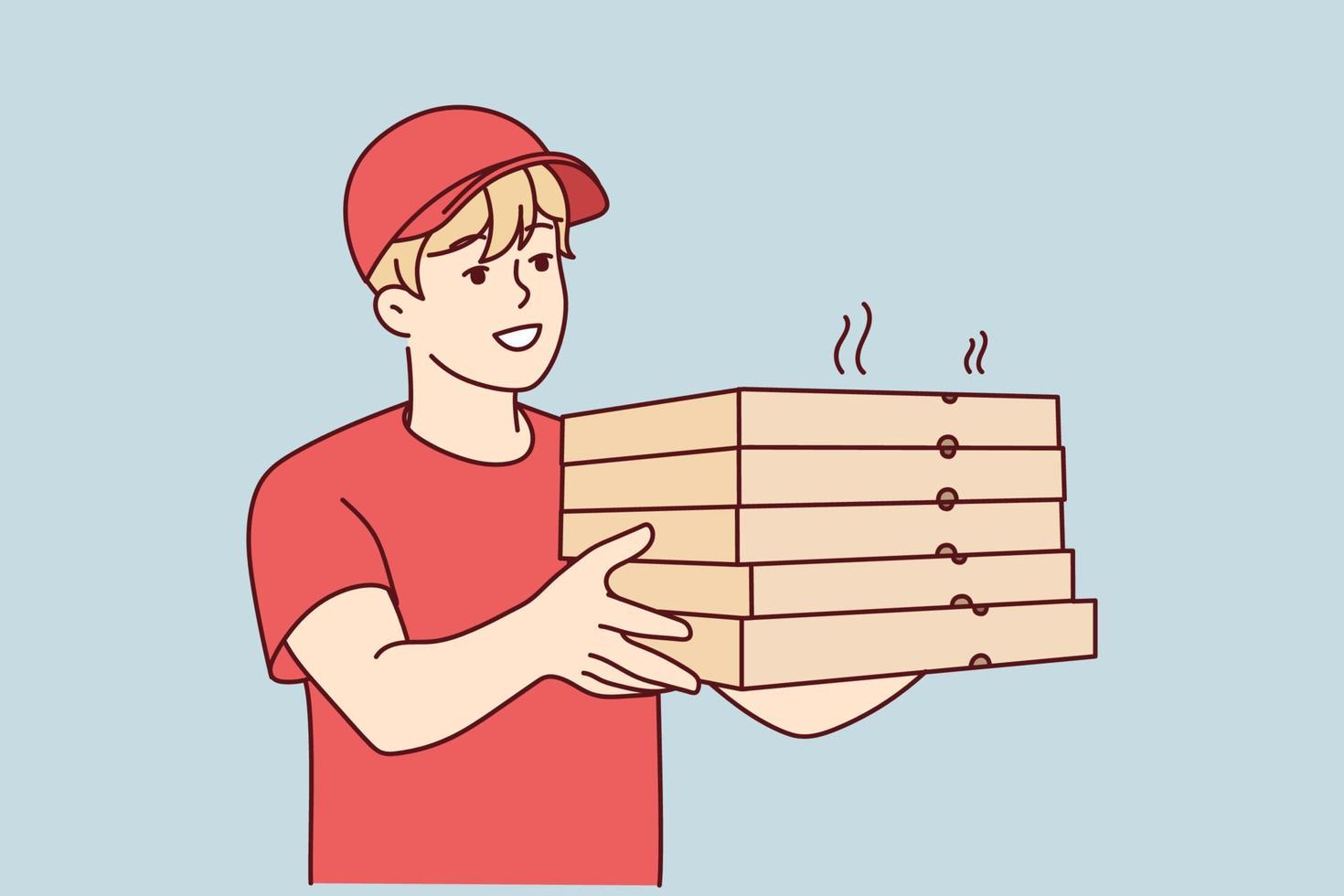 glimlachen mannetje koerier in uniform leveren heet pizza naar cliënt. gelukkig postbode met pizza dozen in handen. voedsel levering onderhoud. vector illustratie.