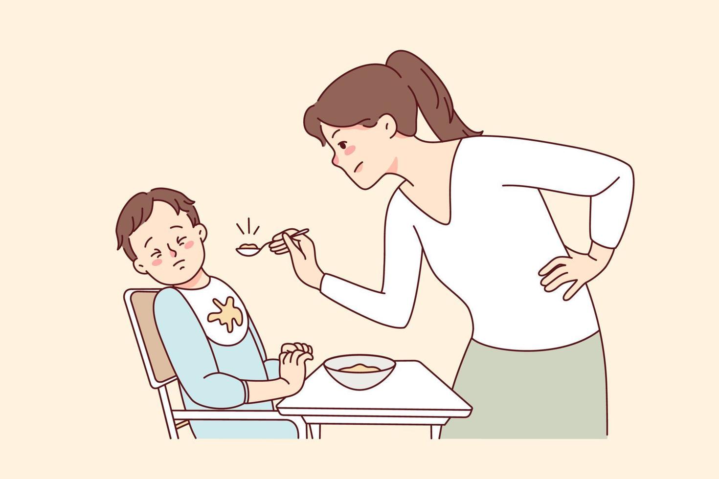 eigenwijs baby weigeren aan het eten voedsel. moeder voeden slecht gedragen kleuter Bij huis. ouderschap en kinderen opvoeding problemen. vector illustratie.