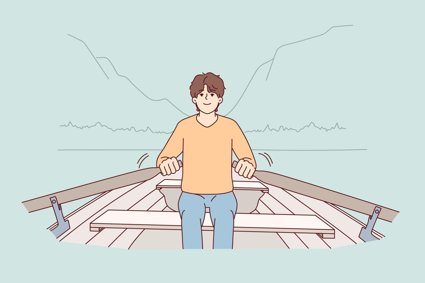 jong Mens roeien in boot kom tot rust Aan vakantie in bergen. glimlachen vent zitten in schip genieten buitenshuis recreatie in natuur. vector illustratie.