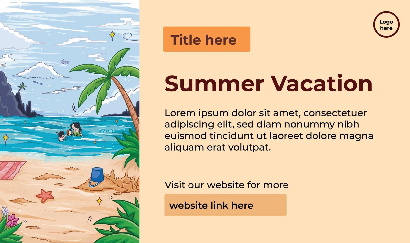 zomer vakantie beschrijvend banier of poster vector illustratie met verticaal strand illustratie geïsoleerd Aan landschap sjabloon. papier afdrukken ontwerp lay-out met tekst plaatsing gidsen.