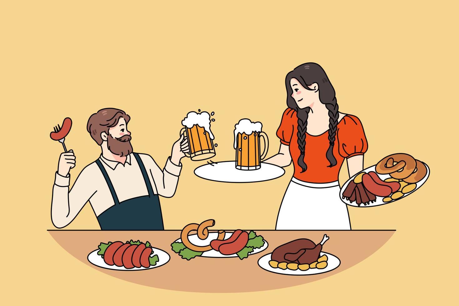 gelukkig Mens en vrouw in traditioneel kleren vieren oktoberfeest drinken bier eten worstjes. glimlachen vent en meisje genieten Duitse festival vieringen buitenshuis. vlak vector illustratie.