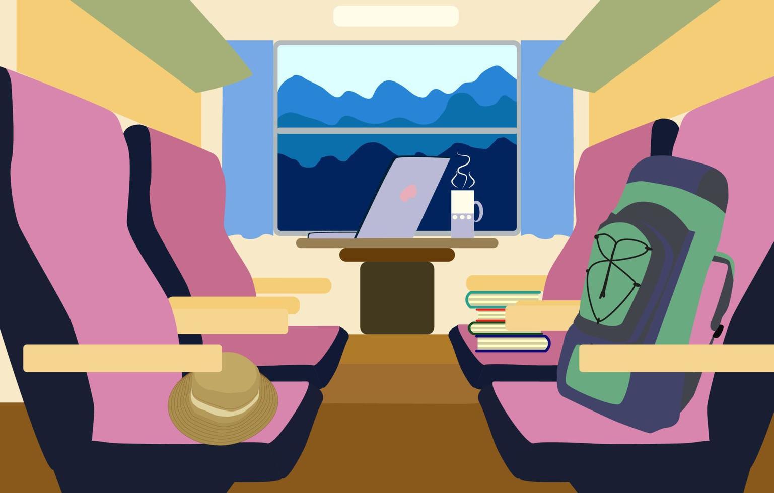 kleurrijk achtergrond interieur trein met een passagier gedeelte en landschap landschap buiten vector