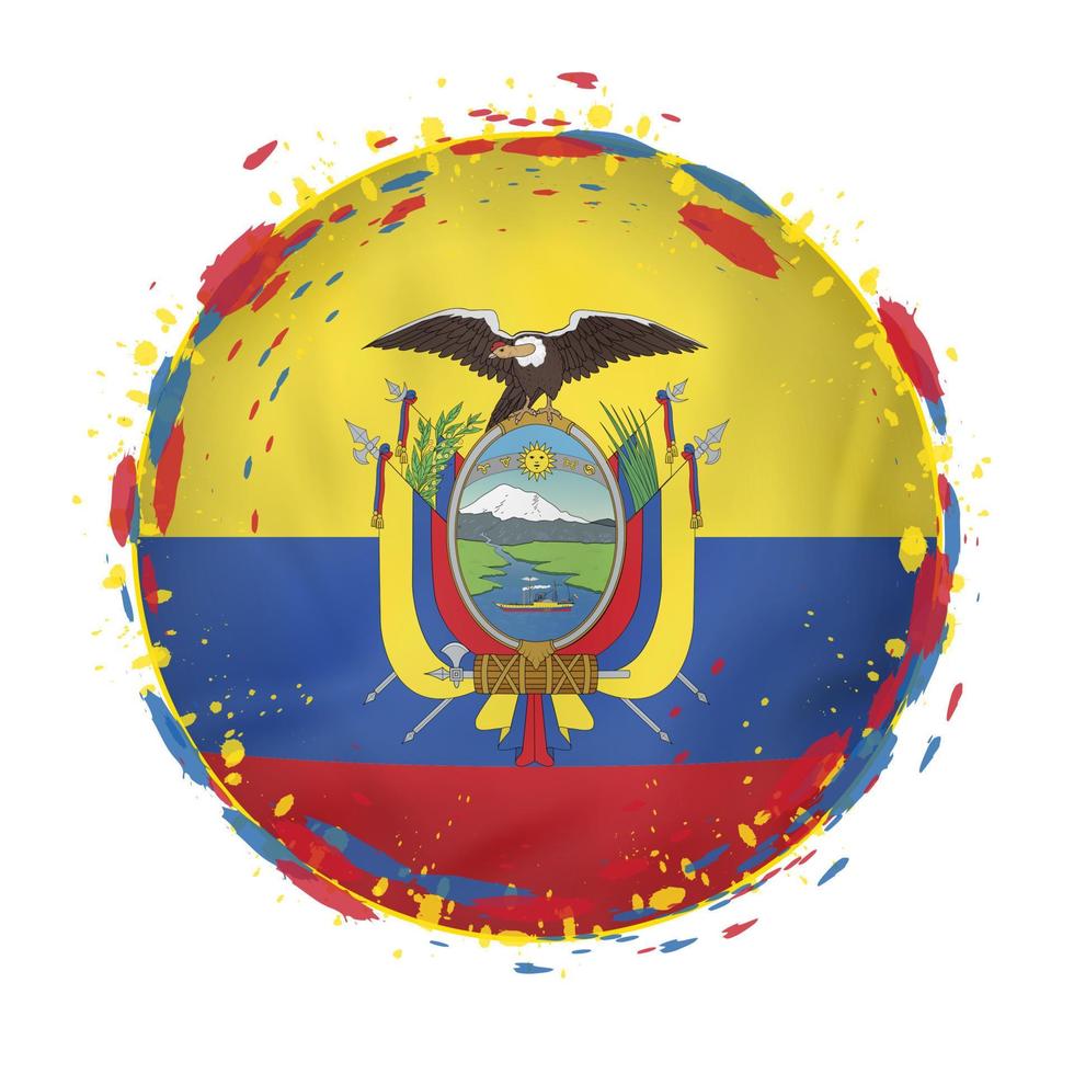 ronde grunge vlag van Ecuador met spatten in vlag kleur. vector