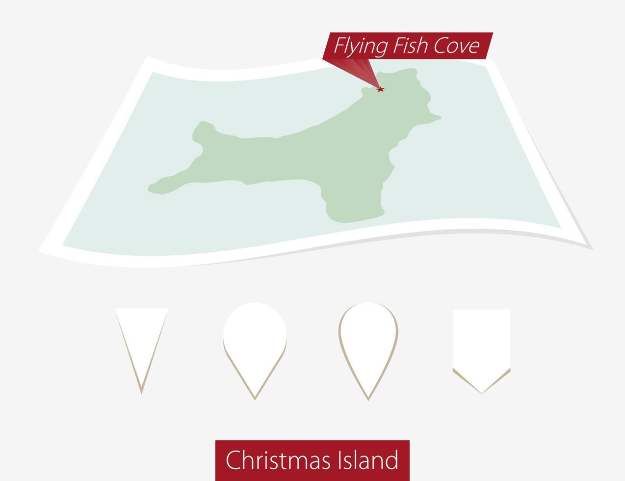 gebogen papier kaart van Kerstmis eiland met hoofdstad vliegend vis inham Aan grijs achtergrond. vier verschillend kaart pin set. vector